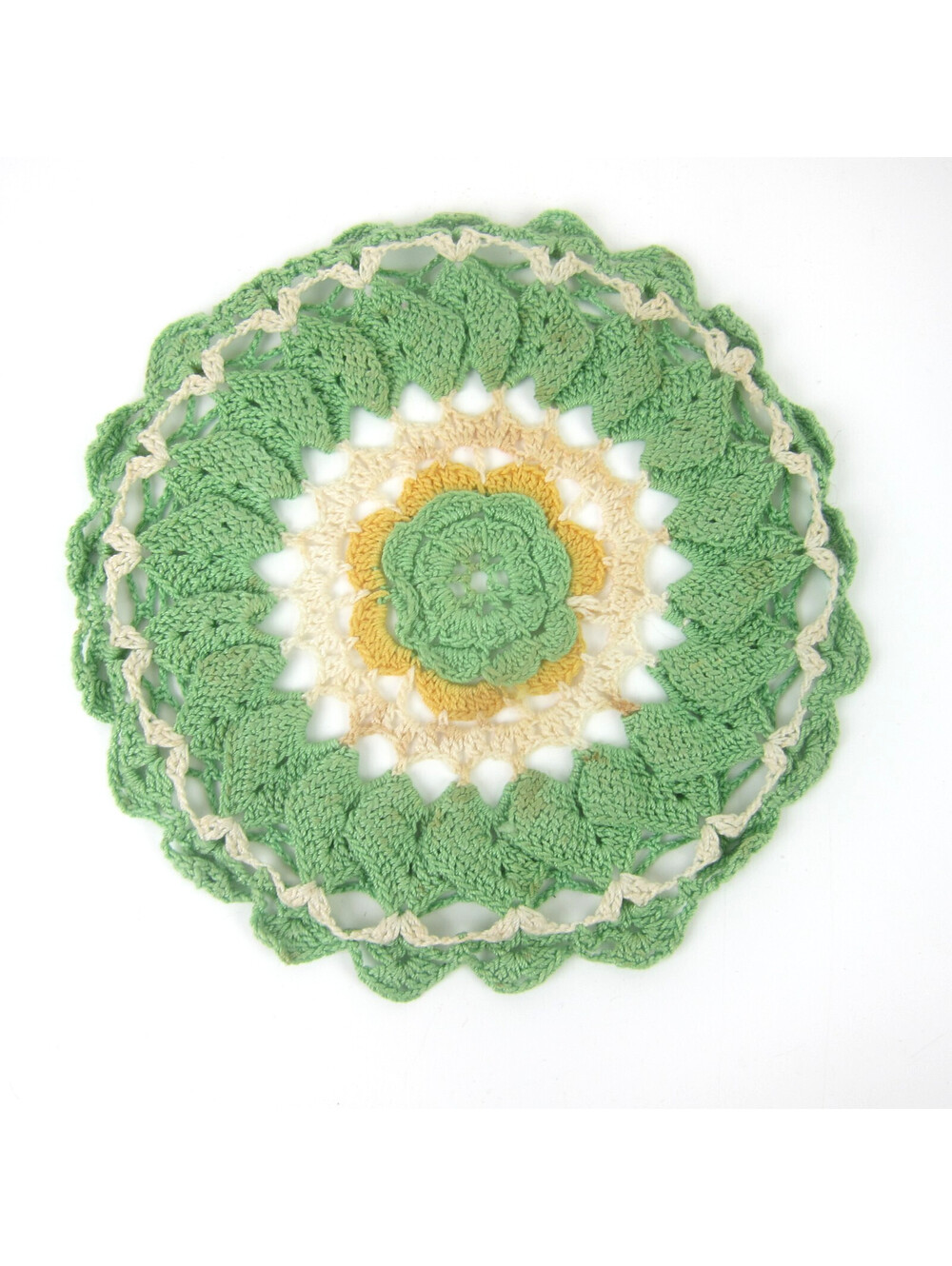 Vintage Rose Hot Plate Doily Green Flowers Yellow Cream 8" Mid Century MCM